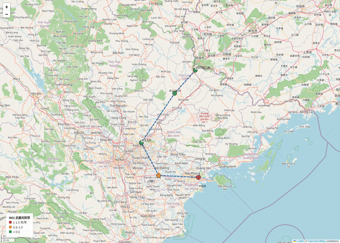 Friendship Pass–Bac Ninh–Hai Phong corridor map with five nodes.